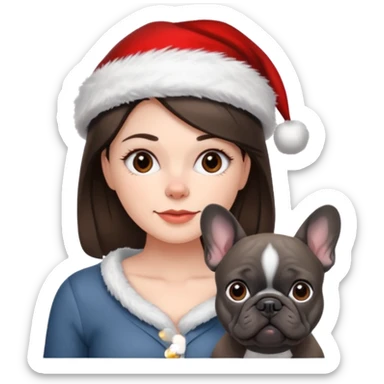 brunette woman with a dark grey French bulldog both wearing Santa sticker