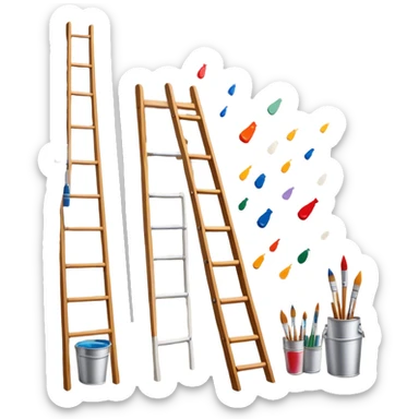 Wall painting icon, hand-painted mural on a wall, visible paintbrushes, paint pots, and ladder, intricate patterns or designs in progress, minimalistic style, clean lines, transparent background. sticker