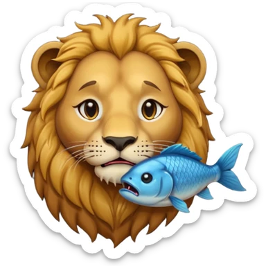  A lion eating a fish, feeling sad, cry, tear falling from eyes, portrait, bust up sticker