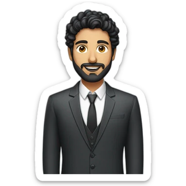 Modern Indian man with curly black hair, modern haircut, wearing suit, black short beard sticker