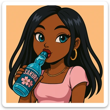 Add the word 'Sakura' to the blue Ramune soda bottle label. Headshot only of a 20-year-old anime Bratz style woman with dark skin, straight hair, trendy outfit, big expressive eyes, glossy lips, no hat, no tears, happy expression, both eyes open, looking straight ahead, drinking blue Ramune soda from the classic glass bottle. sticker