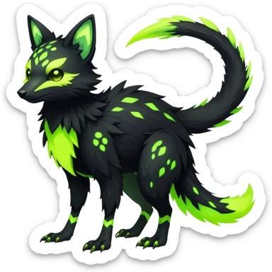 Rare realistic black edgy toxic radioactive-themed black fur with neon-lime-green-glowing  epic handsome gorgeous aesthetic vibrant Vernid-Trico-species-Fakemon-creature by LiLaiRa, 4 legs, 1 tail, random markings, (full body) sticker
