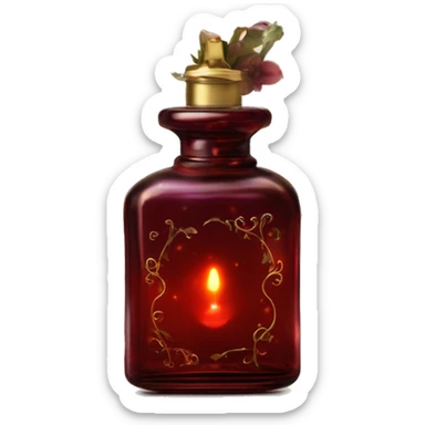 Dark red magic fairy light sparkling old Antique oil perfume bottle with herbal and flowers sticker