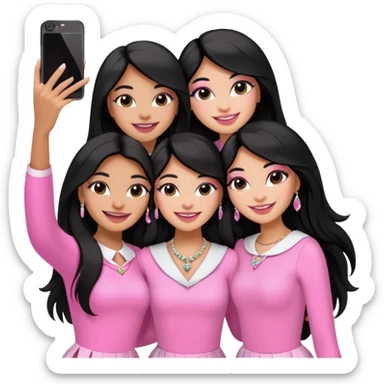 3 besties with professional glammed up looks wearing pink and white, medium skin tone smiling big with black long hair. Very girly wearing jewelry, taking a selfie  sticker