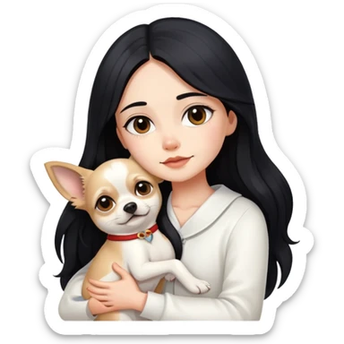 Fair skin girl - long black hair - white clothes - hugging a chihuahua sticker