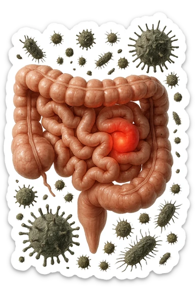 intestino anatomico realistico con red spot di infiammazione CON VARIE PARTICELLE TOSSICHE CHE CERCANO DI ATTACCARLO, IPERREALISTICO 4K sticker