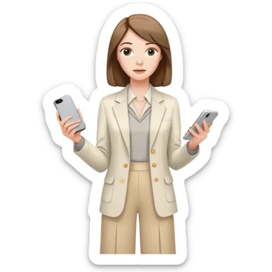 pale skin woman with brown Straightened bob Hair, White Spacious classical jacket, beige palazzo Arrow pants and gray blouse, beige dress holding white IPhone 15 pro in the hands sticker