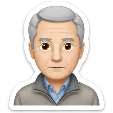 Distinguished older man in his 60s, light complexion, round face with broad jaw, vivacious brown eyes, thick eyebrows giving intensity to expression, short gray-white hair combed slightly back with visible receding hairline, clean-shaven, wearing gray casual jacket over button-up shirt sticker