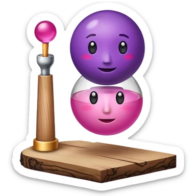 A half pink half purple ball with a face wooden stem followed by a glass stem on top of the wood stem tilted 90 degrees sticker