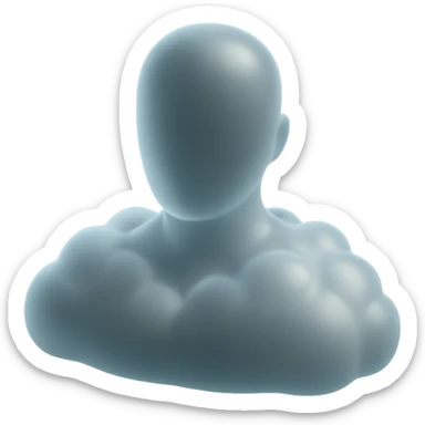 person facing forward, composed of voluminous fluffy clouds up to the shoulders, matte glass style sticker