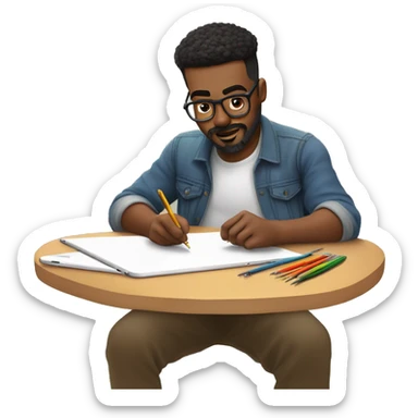 👨‍🎨📱✍️ A creative man is focused, drawing on an iPad with a stylus. , using the iPad placed on a table. with art tools like brushes and pencils around him. 🎨 sticker