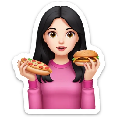 White girl in pink clothes and long black hair eating burger and pizza sticker