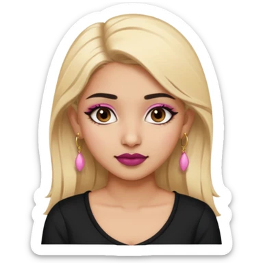 Sweet Indian girl blonde hair darkbrow eyes brown lipstick, pink blush, black top gold earrings, brown eyebrows  sticker