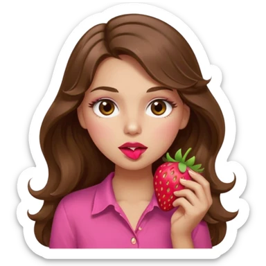 girl with long wavy brown hair, brown eyes, light to medium complexion, in a pink shirt, pink lips, long lashes, sexy , puckering, blushing, eating a strawberry sexy sticker