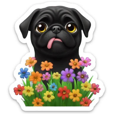 Black pug , surrounded by flowers, holding a green sign that says “good luck”  sticker