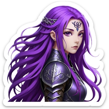 A mysterious warrior girl with long, flowing purple hair cascading down her back, strands catching the dim light like silk. Her piercing violet eyes glow. She wears sleek black armor, a perfect fusion of elegance and lethality, adorned with intricate silver engravings resembling ancient runes.  sticker