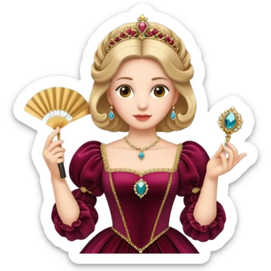 An emoji portrait of a Renaissance Italian princess. She wears a sumptuous velvet gown with a square neckline and puffed sleeves. Her hair is styled with a jeweled ferronnière, and her expression is poised and intelligent. She is holding a small, delicate fan. sticker