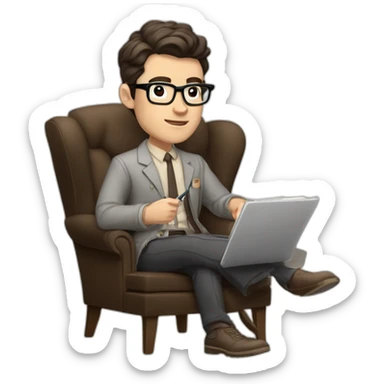 Pale skinned Fit Man With dark brown hair in gray jacket, beige office shirt and vintage glasses sitting In a soft chair with a notebook with emblem Ψ and a pen in his hands sticker