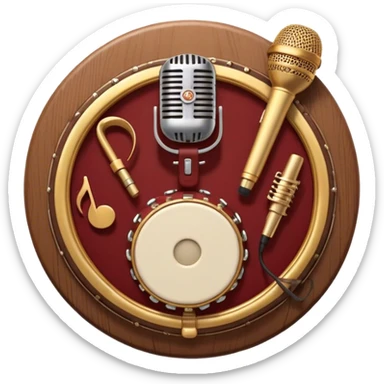 Create a warm and authentic humanless emoji representing folk singing. The design should feature a traditional folk microphone at the center, surrounded by classic instruments such as a bayan (button accordion), gusli (a traditional Russian zither), and a tambourine. Arrange these instruments in a harmonious, circular pattern to evoke a sense of folk music and community performance. Use natural, earthy colors like wood brown, deep red, and golden accents to reflect the rustic and heartfelt spirit of folk music. Add subtle musical notes to the background to convey the rhythm and harmony of the performance. The background should be transparent. sticker