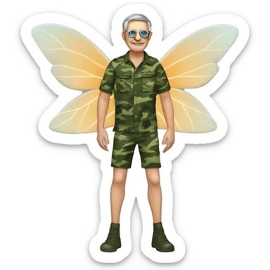 a middle aged madwith fairy wings, and swimming fippers. have him dresed in camo sticker