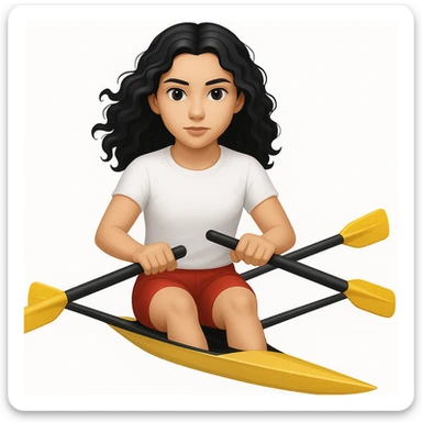 Altındaki tekneyi olimpik kürek sporu için uygun, uzun ve ince yarış teknesi olarak değiştir. Kız siyah uzun dalgalı saçlı, beyaz tenli, kırmızı şort ve beyaz kısa kollu tişörtle olimpik kürek sporu yapıyor sticker