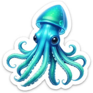 3D render of Deep Sea Squid, bioluminescent deep sea style, glowing neon blue and green lights, dark background to contrast the glow, translucent organic textures, more emision. sticker