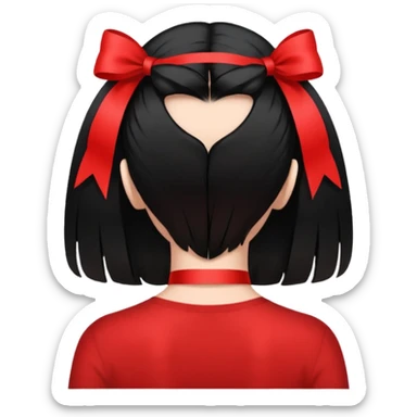 a girl back view that have a red ribbon in the middle of her hair the hair is black  sticker