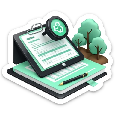 Environnement (Environment), 3D technical icon with black and mint green (#B5F4D3), environmental impact assessment document with regulatory compliance indicators and sustainability metrics sticker