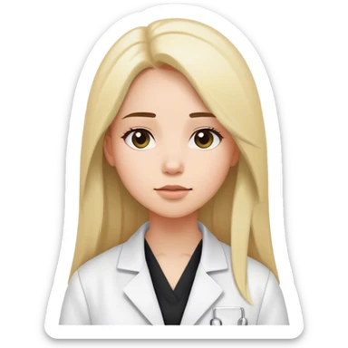 A young woman dressed in a white lab coat over a black top, with long, straight hair framing her face. Her expression is calm. . Soft lighting adds warmth to the scene, highlighting her features and creating an approachable atmosphere.  sticker
