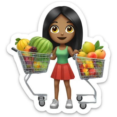 Girl with black hair with shopping cart full of fruits sticker