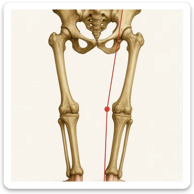 Hyperrealistic anatomical illustration 4K, rear view, 1:1 proportion, varus knee seen from behind, pelvis bones, femur, tibia, and fibula clearly highlighted, red mechanical axis line, realistic details, medical style, neutral background. sticker