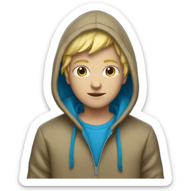 A gut with blonde hair and blue eyes with an hoodie sticker
