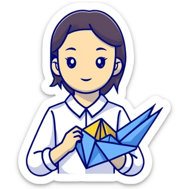 A Ukrainian young girl wearing a white embroidered shirt holds an origami yellow-blue crane sticker