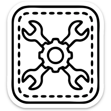 An embroidered patch with crossed wrenches and a gear design on white fabric, showcasing detailed stitching and contrasting colors.

 sticker