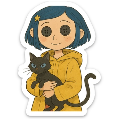 Coraline character with blue hair, yellow raincoat, button eyes, holding a black cat, whimsical style sticker