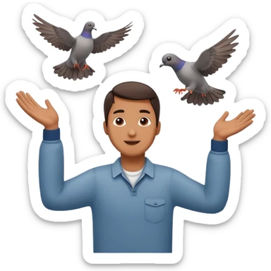 man open arms looking at a flying pigeon sticker