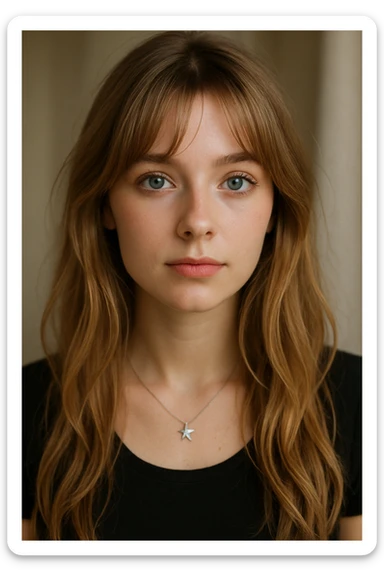 portrait of a girl, blue eyes, dirty blonde long hair with curtain bangs, small silver star necklace, soft lighting sticker