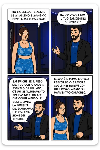 TRASFORMA QUESTO CAROSELLO IN UN FUMETTO CON QUESTE DUE PERSONE IDENTICHE CHE INTERLOQUISCONO TRA LORO:

LEI: Ho la cellulite anche se mi alleno e mangio bene, cosa posso fare?

LUI: Hai controllato il tuo baricentro corporeo?
LUI: Sapevi che se il peso del tuo corpo cade in avanti o da un lato, c’è un disallineamento fra bacino e torace, che comprimendo le coste, limita la motilità del diaframma e l’ossigenazione dei tessuti?
LUI: Il mio è il primo e unico percorso che lavora sugli inestetismi con un lavoro mirato sul baricentro corporeo. sticker