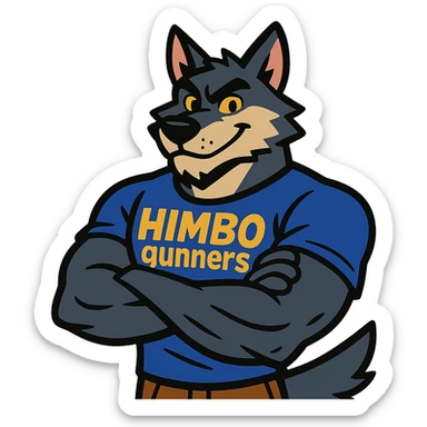 muscular wolf furry, arms crossed, wearing a t-shirt with 'Himbo gunners' sticker