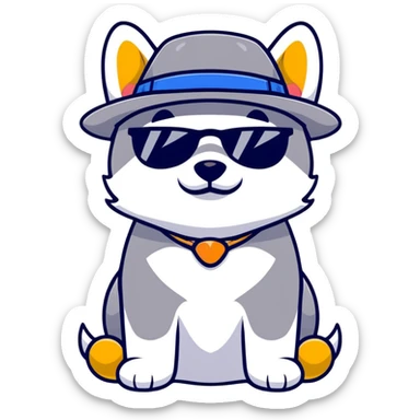 Husky dog wearing black sunglasses and a hat with duck pattern sticker