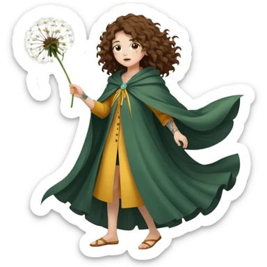 full body woman long curly brown hair brown eyes white skin tattoos dandelion seed cloak blowing apart around her sticker