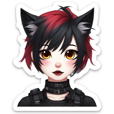 Gorgeous gothic dark techwear anime style anthro cat furry with blushing face aesthetic and pretty edgy black red punk messy ponytail hair with collar and harness trending style sticker