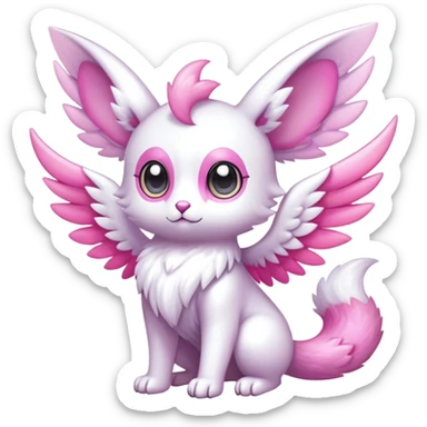 Shiny epic glittery iridescent divine white gold pink animal-fakemon-creature with head-ear-wings, cute, adorable, big eyes, fluffy tail sticker