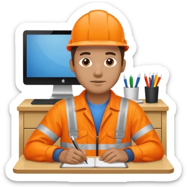 male figure in orange hi-vis overalls sitting at a desk sticker
