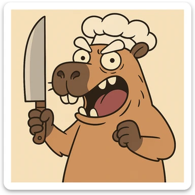 Add a chef hat to the funny cartoon capybara wielding a kitchen knife, preserving the exaggerated expression and humor. sticker
