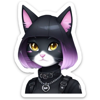 Gorgeous sparkly legendary gradient gothic dark techwear anime style anthro cat with blushing face aesthetic and pretty edgy black with collar and harness trending style sticker