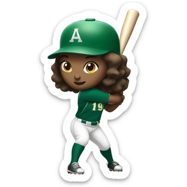 Brunette softball player up to bat wearing green jersey sticker