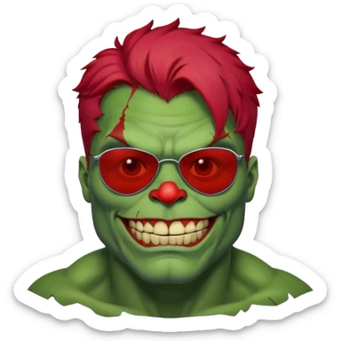 Zombie hulk with sun glasses and red hair and joker nose sticker