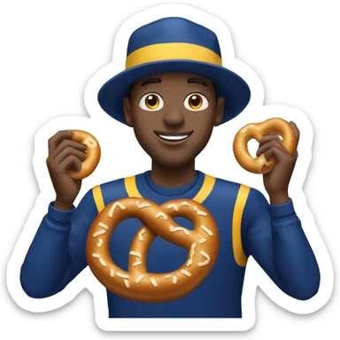 wearing a la rams hat, holding a pretzel sticker