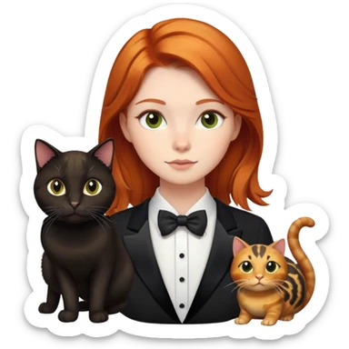Ginger-haired girl and black cat, tuxedo cat and tortoise cat sticker